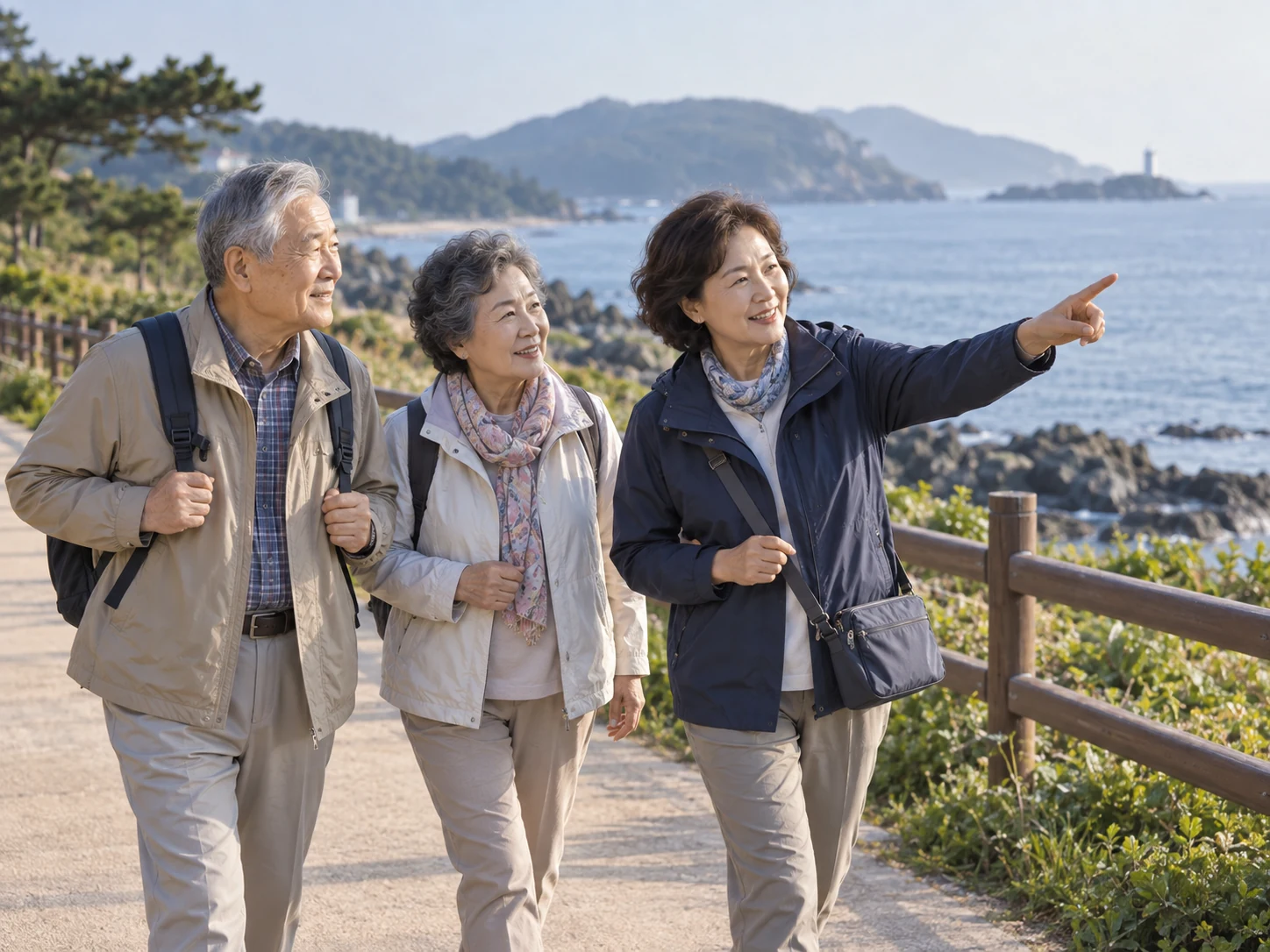 중장년 동행인이 어르신 부부와 해안 산책길을 함께 걷는 모습 · AI 연출