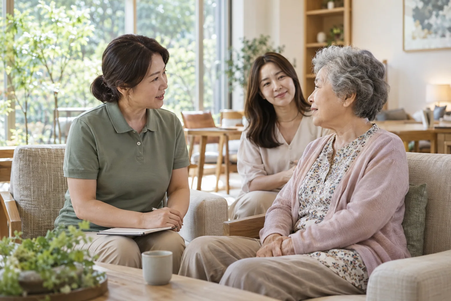 케어매니저가 어르신과 눈높이를 맞춰 대화하고 보호자가 함께 듣는 연출 장면