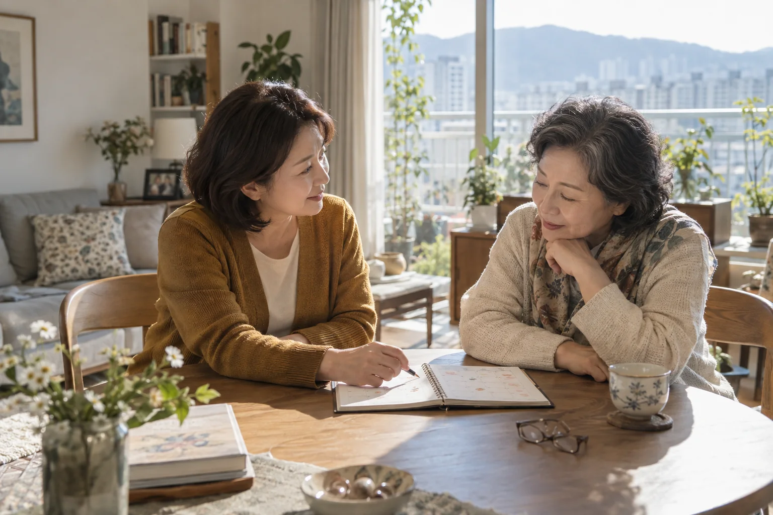 햇빛 드는 집에서 생활지원 동행인과 어르신이 일상 이야기를 나누는 연출 장면