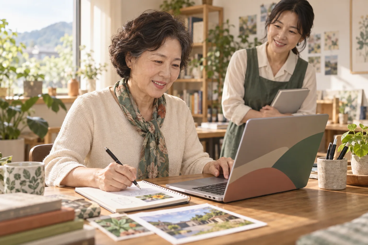 중장년 학습자가 강사와 함께 노트북과 노트를 사용하며 디지털 활용을 배우는 모습 · AI 연출