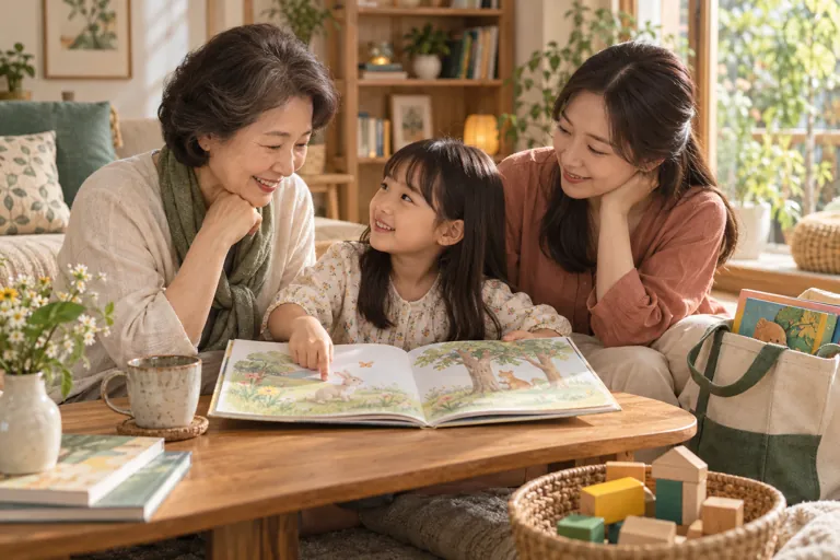 할머니와 엄마, 아이가 그림책을 함께 읽으며 이야기하는 가족 돌봄 장면 · AI 연출