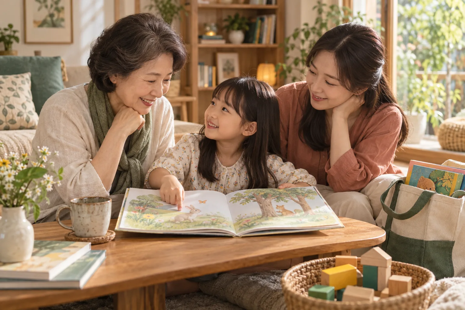 할머니와 엄마, 아이가 그림책을 함께 읽으며 이야기하는 가족 돌봄 장면 · AI 연출