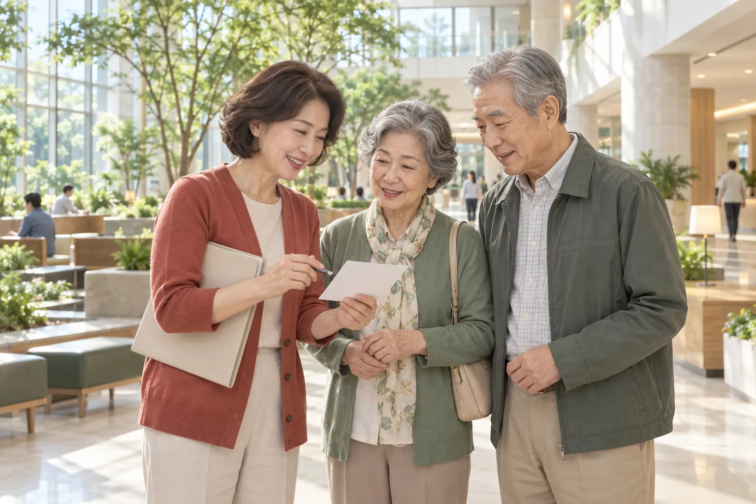 밝은 병원 복도에서 중장년 동행인이 어르신 부부와 진료 안내 카드를 살펴보는 모습 · AI 연출