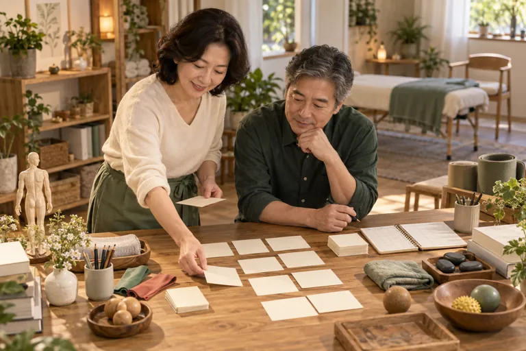두 교육 담당자가 실습 공간에서 수업 카드와 준비 자료를 함께 정리하는 모습 · AI 연출