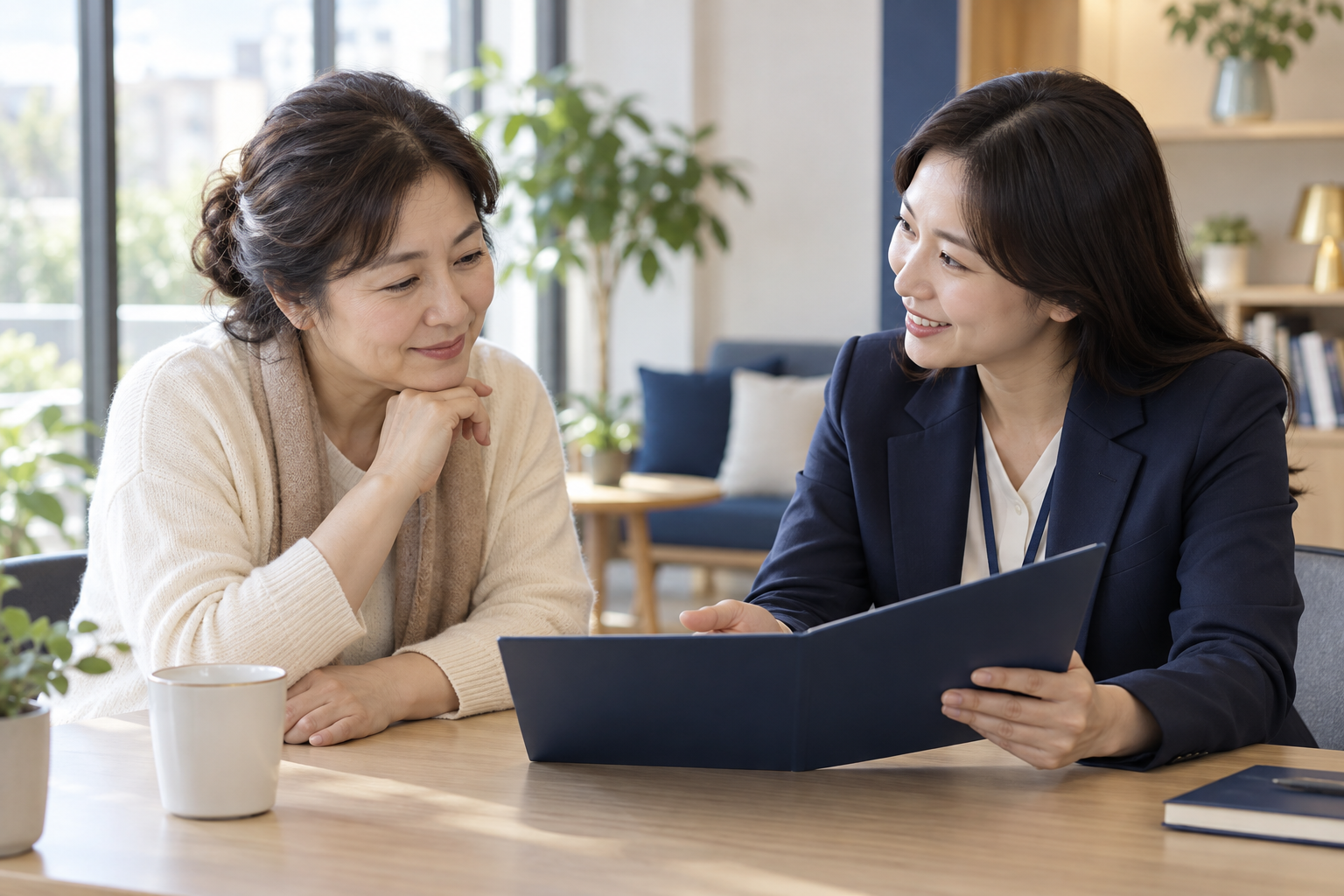 중장년 구직자가 상담자와 경력 자료를 함께 살펴보는 모습 · AI 연출
